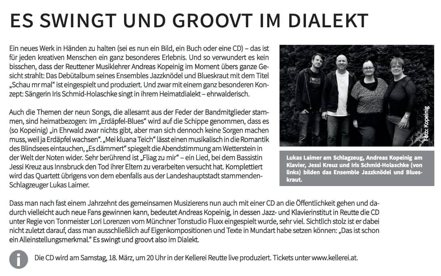 Artikel im 'Der Reuttener' über Jazzknödel und Blueskraut im Februar 2023 Artikel im 'Der Reuttener' über Jazzknödel und Blueskraut im Februar 2023
